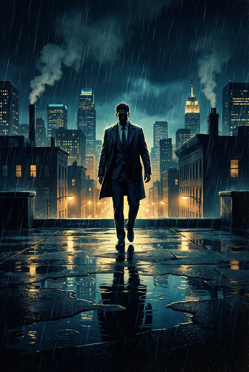 美丽新世界 出品影片《雨夜独行者》海报，雨中城市屋顶男性剪影